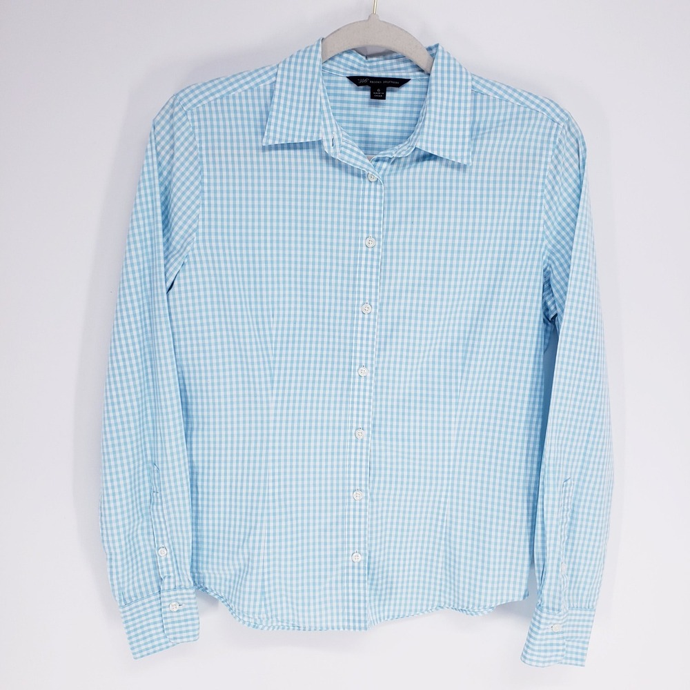 Brooks Brothers Gingham Check Button Down Shirt Women Size 6 Blue White Cotton